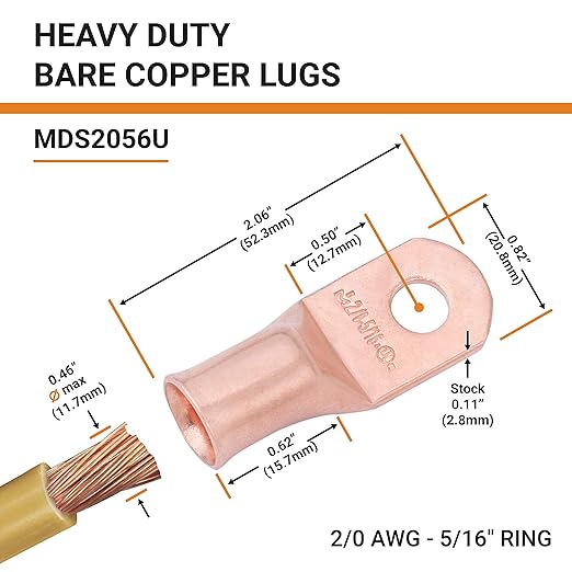 SELTERM 25pcs 2/0 AWG 5/16" Stud Battery Lugs, Ring Terminals, Heavy Duty Copper Wire Lugs, Battery Cable Ends, 00 Gaug Ring Terminal Connectors, UL Bare Copper Eyelets Electrical Battery Cable Lugs