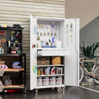71" H Garage Storage Cabinet with Locking Doors and 2 Adjustable Shelves, Metal Tool Storage Cabinet with Wheels, Drawer, Pegboard and 16 Hooks for Garage, Warehouse, White