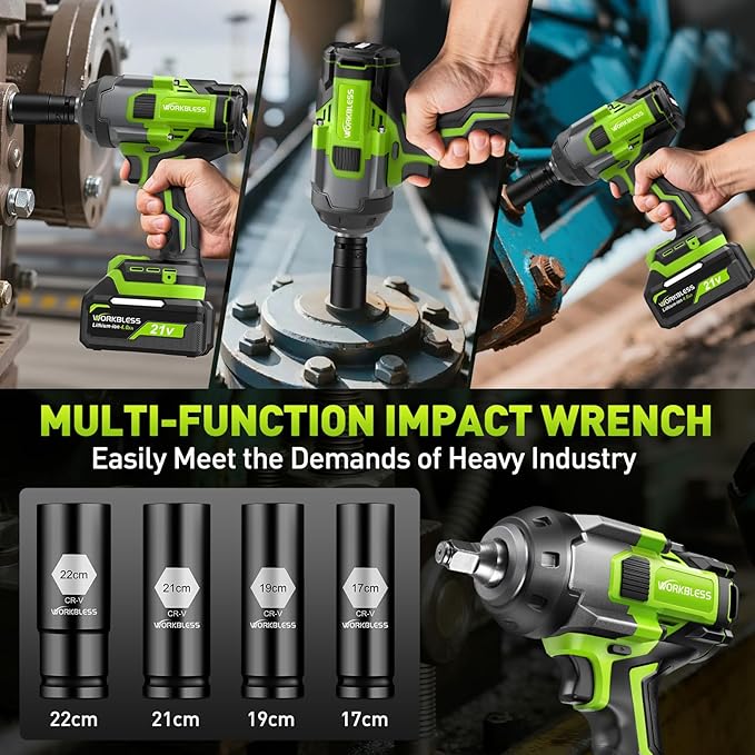 Brushless Cordless Impact Wrench 1500Nm (1100Ft-lbs) High Torque, 1/2 Inch Impact Gun with 2x20V 4Ah Batteries, 3-Speed, 4 Cr-V Sockets (17/19/21/22mm) for Car Tire, Mower Lug Nut