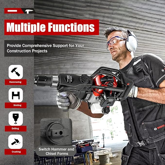 33CC Gasoline Demolition Hammer 36*32mm 2-stroke Gas Powered Jack Hammer Drill Concrete Breaker with Point Flat Chisel for Concrete Bricks Rocks Single Cylinder Air Cooling