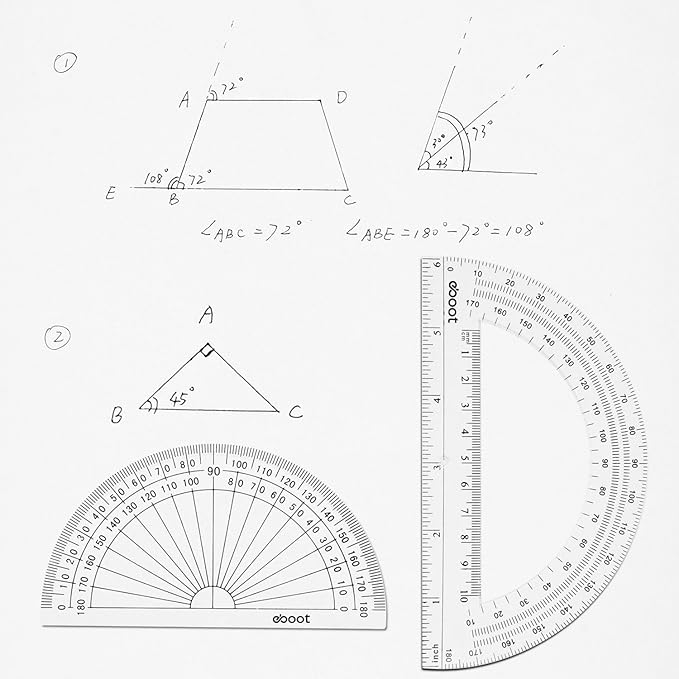 EBOOT 2 Pcs Plastic Protractor Clear 180 Degrees Transparent Protractor for Geometry, 4 Inch and 6 Inch