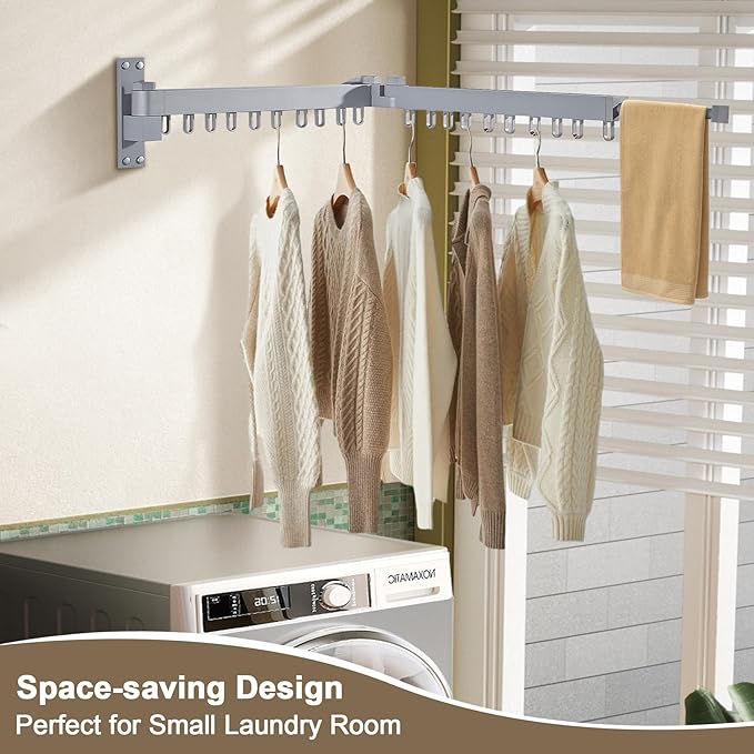 Bakala Clothes Drying Rack, Laundry Drying Rack Foldable, Heavy-Duty Space Saving Hangers, Wall Mounted Clothing Racks for Laundry Room Organization, Folding, Retractable 64" Clothes Dryer (Silver)