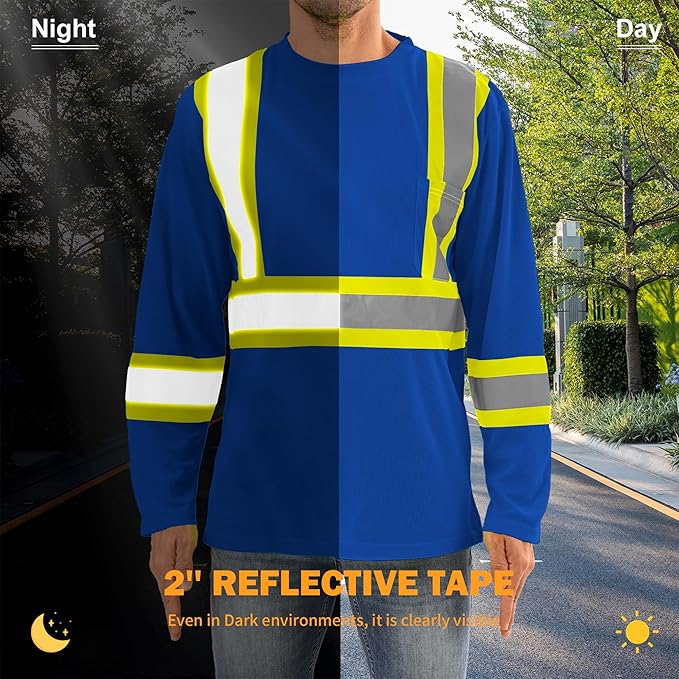 Hi Vis Safety Long Sleeve Shirts，High Visibility Class 3 T Shirts with Reflective Strips and Pocket, Quick Dry Mesh Construction Work Shirt for Men/Women (Blue,4XL)