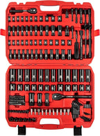 LLNDEI 1/4 & 3/8 Inch Drive Impact Socket Set, 186 Pieces Metric and Standard Full Sockets, CR-V Deep & Shallow Sockets Tool Set with Ratchet Wrench Handle, Spark Plug Socket, Bits for Mechanic