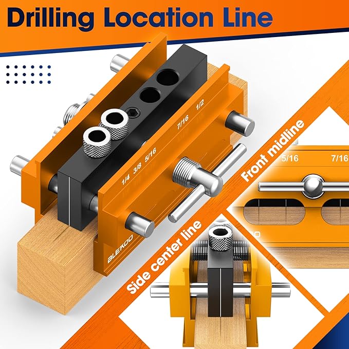 Self Centering Doweling Jig Kit, Drill Jig For Straight Holes Biscuit Joiner Set With 6 Drill Guide Bushings, Adjustable Width Drilling Guide Power Tool Accessory Jigs (Gold)