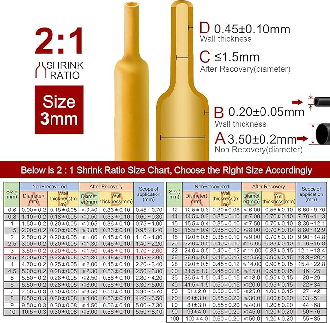 Chanzon 2:1 Ratio 1/8" (3mm) Heat Shrink Tubing 8Ft Roll (2.5M Total Length) Yellow Polyolefin Sleeving Wrap Shrinking 2 to 1 1pcs
