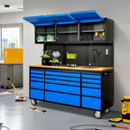 CT Copper Tailor 72-inch Rolling Tool Chest with Integrated Power Strip,15 Drawers and Wheels, Garage Workbench with Storage, 3 Upper Cabinets, Pegboard in Blue