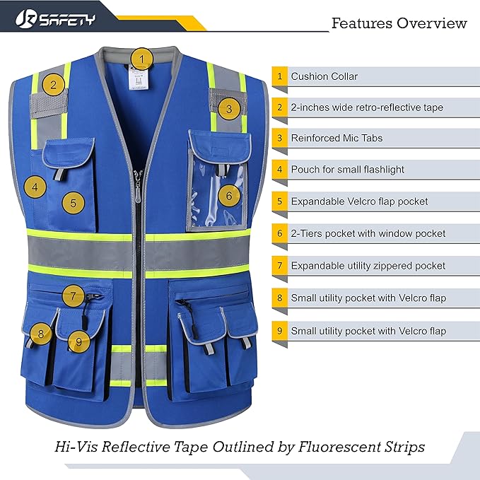 JKSafety 10 Pockets Hi-Vis Zipper Front Fluorescent Blue Safety Vest | Cushioned Collar | High Reflective Tapes with Extended Neon Yellow Strips | Meets ANSI/ISEA Standards (5X-Large, 89-Blue)
