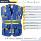 JKSafety 10 Pockets Hi-Vis Zipper Front Fluorescent Blue Safety Vest | Cushioned Collar | High Reflective Tapes with Extended Neon Yellow Strips | Meets ANSI/ISEA Standards (4X-Large, 89-Blue)