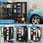 Garage Storage Cabinet with Wheels and 5 Pegboard, 71" H Metal Storage Cabinets with 2 Locking Doors and 4 Shelves, Broom Closet Storage Cabinet with Hanging Rod and 13 Hooks, Black