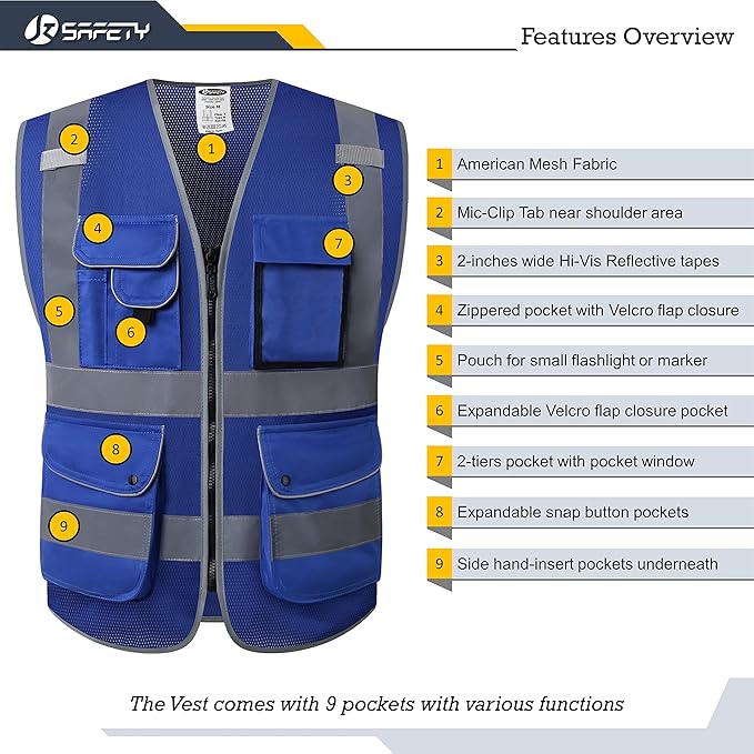 JKSafety 9 Pockets High Visibility Safety Vest for Men and Women, Hi-Vis Reflective Blue Safety Vests with Zipper Front, Meet ANSI/ISEA Standards(159-Blue 5XL)