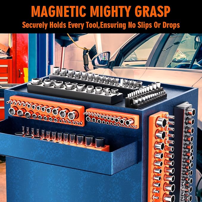 Magnetic Socket Organizer Holder Set – 8-Piece Tool Organizers Including 1/4", 3/8" and 1/2" Drive Socket Holder Metric & SAE 207 Pieces Socket Trays (Sockets are not Included)