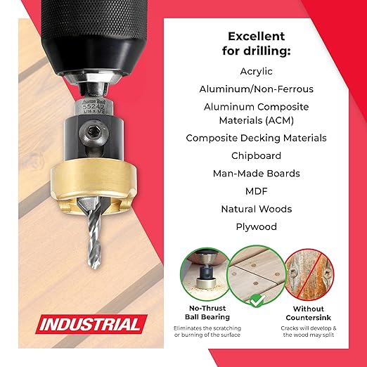 Amana Tool 82 Degree Countersink with Drill Bit Depth Stop and No-Thrust Ball Bearing, 55242, 1/2 D x 3/16 Drill D x 1/4 Inch Quick Release Hex Shank
