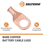 SELTERM 10pcs 6 AWG - 1/2" Stud - Battery Lugs, Heavy Duty Wire Lugs, Ring Terminals, Battery Cable Ends,6 Gauge Terminals, UL Bare Copper Eyelets Electrical Battery Terminal Connectors