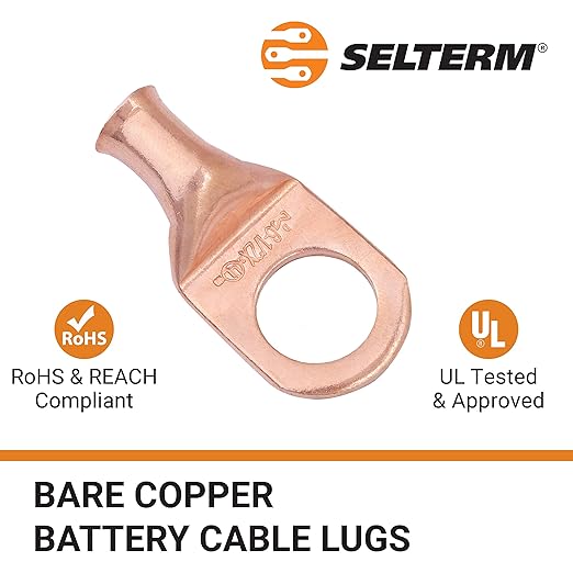 SELTERM 2pcs 6 AWG 1/2" Stud Copper Wire Lugs, Battery Lugs, Ring Terminals, Battery Cable Ends, 6 Gauge Ring Terminal Connectors, UL Heavy Duty Bare Copper Eyelets Battery Terminal Connectors