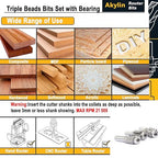 5pcs Triple Beading Router Bit Set,1/2" Shank,Radius 3/32",1/8",5/32", 5/32" and 3/16",Bearing Guided Cutters for Wood Multiple Beads Profiling,Molding,Edging