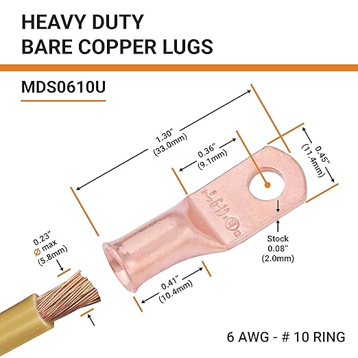 SELTERM 10pcs 6 AWG - #10 Stud - Battery Lugs, Heavy Duty Wire Lugs, Ring Terminals, Battery Cable Ends,6 Gauge Terminals, UL Bare Copper Eyelets Electrical Battery Terminal Connectors