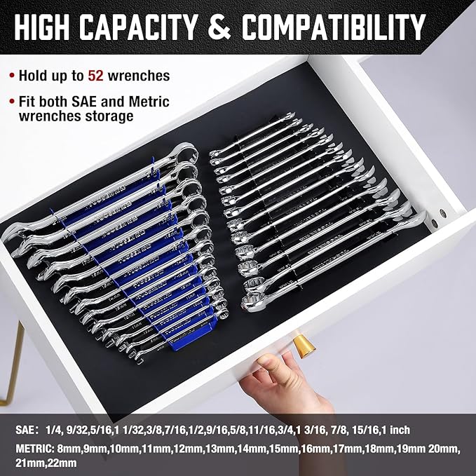 ALOANES 52-Slot Metal Wrench Organizer, Heavy Duty Wrench Organizer Tray for Tool Box, Fit SAE & Metric Wrench Storage, 4 Pack Wrench Holders(Blue)