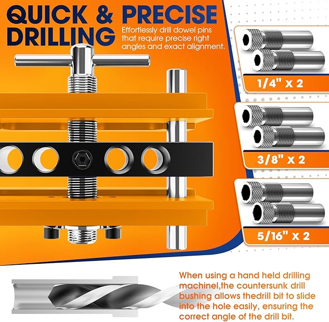 Self Centering Doweling Jig Kit, Drill Jig For Straight Holes Biscuit Joiner Set With 6 Drill Guide Bushings, Adjustable Width Drilling Guide Power Tool Accessory Jigs (Gold)