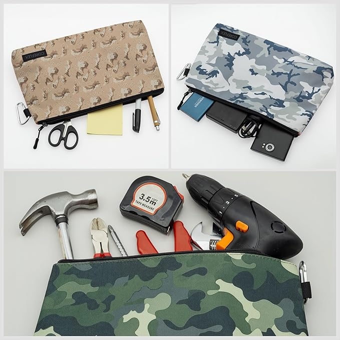 COREFLEX Premium Tool Pouch Zipper Bag, Small Tool Bag, Multipurpose Storage pouch, Heavy duty Flat Bottom Tool bag with YKK Zipper (3 pack Large Camouflage)