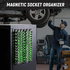 ALOANES Magnetic Socket Organizer, 1/2-Inch Drive Aluminum Socket Holder Socket Tray, Heavy Duty Socket Rail Organizer for Tool Box Drawer, 360°Swivel Clips Socket Rack 1/2-Inch x 12 Clips (Green)