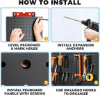 Heavy Duty 4-Panel Pegboard Wall Organizer & 32 Peg Hooks - Four Black Metal Peg Board Panels for Shops or Warehouse - Garage Tool & Walls Organizer - Modular Complete Kit With Installation Hardware