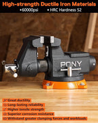 PONY 4 Inch Heavy Duty Bench Vise 4400LBS Clamping Force, Pro Workshop Workbench Vise with 360-Degree Rotatable Base and Anvil, 4-Inch Jaw Opening and Width for Woodworking, Drilling, Pipe Cutting