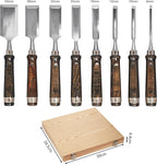SELFIE CAT 8 Piece Wood Chisel Set for Woodworking Tools Wood Carving Tools with Wooden Case and Sharpening Stones Wood Carving Kit for Beginners and Professionals Black Walnut