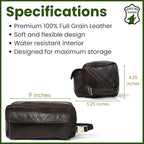 Coyote Bay® Premium Full Grain Soft Leather Makeup Bag Large 9 Inch, Travel Organizer Pouch, Shaving Kit, Cosmetics Toiletry Bathroom Organizer Kit