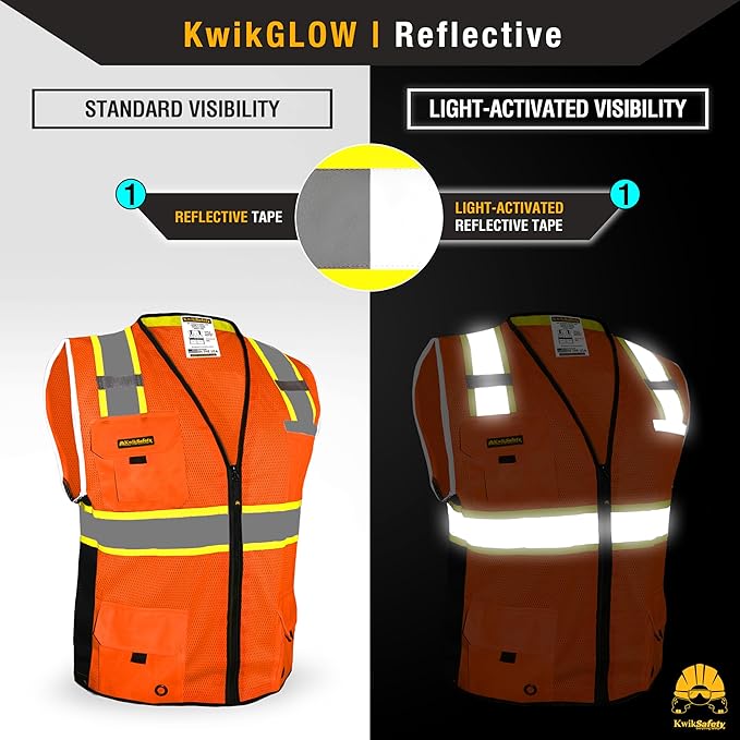 KwikSafety - Charlotte, NC - BIG KAHUNA Safety Vest [11 Pockets] Class 2 ANSI OSHA Reflective High Visibility Heavy Duty Surveyor Construction Lightweight Industrial Work Gear/Orange Large