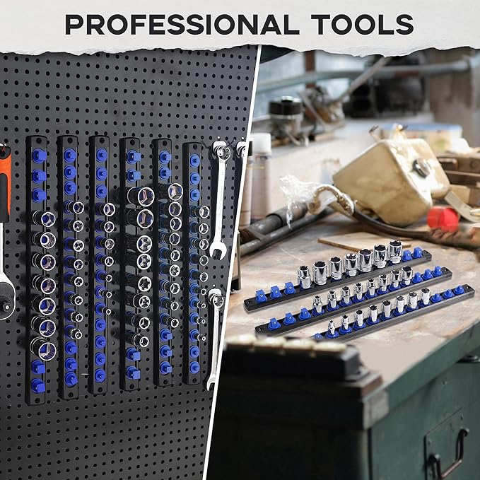 3-Piece Magnetic Socket Organizer, Heavy Duty Aluminum Socket Rails Organizer, 360° Swivel Clips Socket Holder Kit for Tool Box, 1/2, 3/8, 1/4-Inch Socket Holder x 40 Clips (Blue)