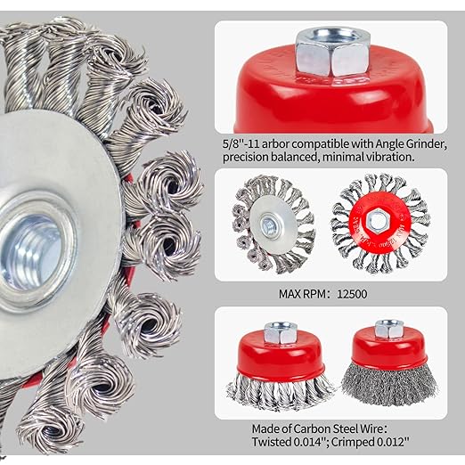 Wire Wheel Brush for 4-1/2" Angle Grinder 3in Wire Wheel Cup Twisted/Crimped Brushes 5/8"-11 Threads Arbor - 2pcs