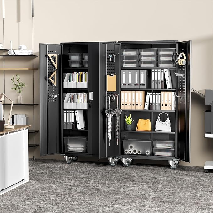 Greenvelly Metal Garage Storage Cabinet with Wheels, Black 72" Rolling Storage Cabinet with 2 Doors and Adjustable Shelves, Steel Tool Cabinets, Metal File Cabinets for Garage, Home Office