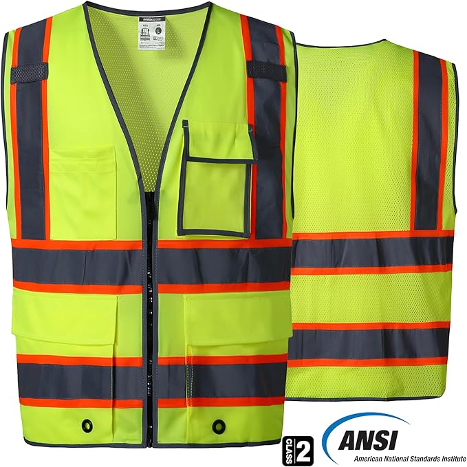 SKSAFETY 10 Pockets Safety Vest, Class 2 High Visibility Security with Zipper Back Mesh, Hi Vis Vest with Reflective Strips, ANSI/ISEA Standard, Construction Work Vest for Men ＆ Women （Lime, 5XL）