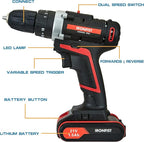 Cordless Drill, Screwdriver Impact Power Tools 21V Lithium Battery 3/8inch Keyless Chuck Led Light 2 Speed Driver