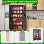 71" Metal Storage Cabinet with Wheels and Pegboard, Lockable Rolling Steel Storage Cabinet with 5 Adjustable Shelves and Door for Garage, Office, Kitchen, Assembly Required,Black and red