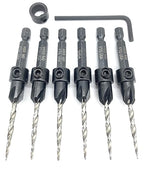 FTG USA 6 Pc #6 (9/64") Countersink Drill Bit Set with Depth Stop Collar, Hex Wrench - Tapered Drill Bits for Wood