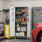 Metal Garage Cabinet with Wheels and Pegboard 71'' x 32'' x 16'', Lockable Rolling Steel Cabinet with 5 Adjustable Shelves and Door for Garage, Office, Kitchen, Assembly Required