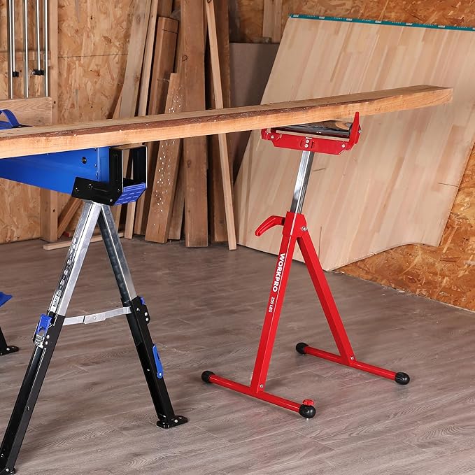 WORKPRO Folding Roller Stand Height Adjustable, Heavy Duty 250 LB Load Capacity, Outfeed Woodworking (Upgraded head)