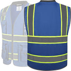 JKSafety 10 Pockets Hi-Vis Zipper Front Fluorescent Blue Safety Vest | Cushioned Collar | High Reflective Tapes with Extended Neon Yellow Strips | Meets ANSI/ISEA Standards (X-Large, 89-Blue)