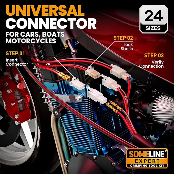SOMELINE Automotive Wire Connectors Crimp Tool Kit, Crimper for 24-14 AWG Non-Insulated Quick Disconnect Terminals, with 2-9 Pin 2.8mm/6.3mm Plugs & Sockets