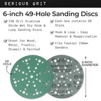 6-Inch 49-Hole 150 Grit Sanding Discs - Heavy-Duty Hook & Loop Film Discs - Sandpaper for Random Orbital Sanders - 50 Pack Box