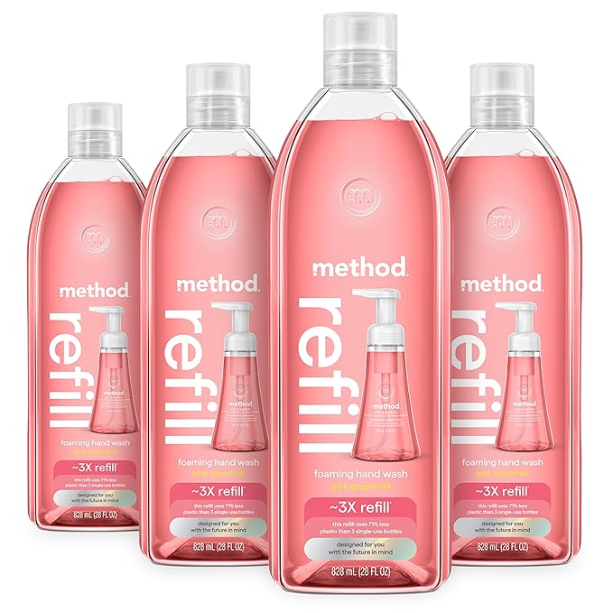 Method Foaming Hand Soap Refill, Pink Grapefruit, Recyclable Bottle, Biodegradable Formula, 28 fl oz (Pack of 4) (Packaging May Vary)