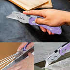 Vickay Folding Utility Knife, Box Cutter with 5 SK5 Quick Change Blades, Safety Axis Lock Design Razor Knife, Lightweight Aluminum Handle Belt Clip for Office Home Artcraft （Light Purple)