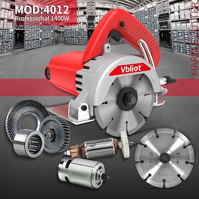 4-3/8-Inch Tile Saw, 1400W 12A Concrete Wet Saw Handheld Cutting Carving Machine, Includes Carbon Brush Wrench Diamond Cutting Disc