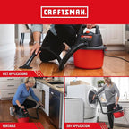 CRAFTSMAN CMXEVBE17250 2.5 Gallon 2.5 Peak HP Wet Dry Vac, Portable Shop Vacuum Wet and Dry with 4 Filter Bags, Hose and Attachments for Cleaning in the Home