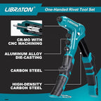 Libraton One-Handed Rivet Gun, Pop Rivet Gun Set, Professional Hand Riveter, Manual Riveting Tool with 200 Rivets for Metal, Includes 4 Drill Bits, 4 Tool-Free Interchangeable Heads, Storage Case