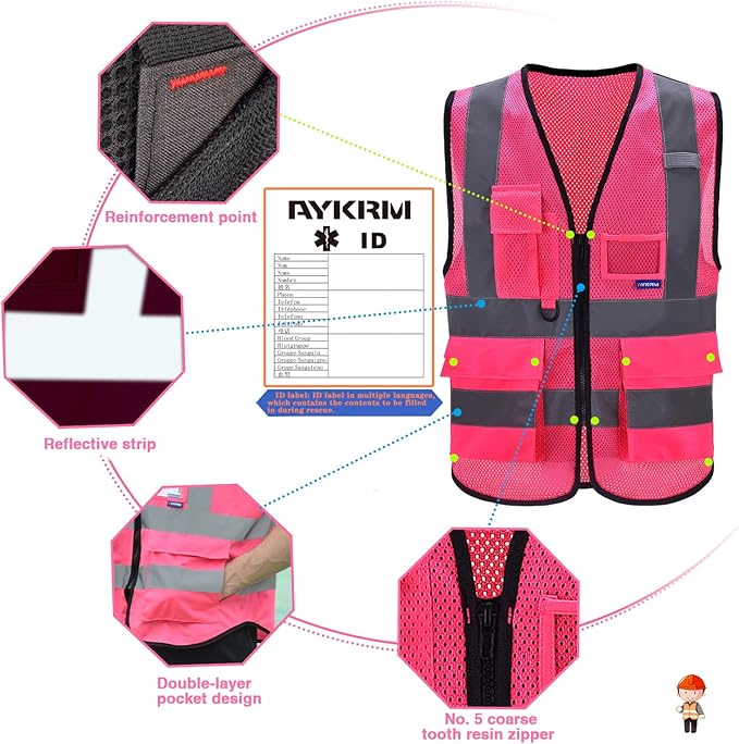A-SAFETY High Visibility Mesh Safety Reflective Vest with Pockets and Zipper,Hi Viz Work Vest for Men Women (Pink Mesh XXL)