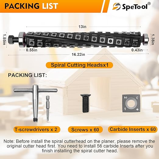 SpeTool 13 Inch Helical Planer Cutter Head for DW735 DW735X DW735-XE Thickness Planer, Spiral Cutterhead 4 Rows 56 Carbide Inserts with Pre-Assembled Bearings for Smoother Cut & Lower Noise