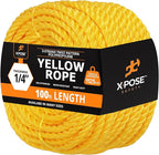 Yellow Twisted Polypropylene Rope, 1/4" Thickness x 100' Length Heavy Duty Poly Ropes for Outdoor and Marine Use, Yellow Rope for Visibility & Safety